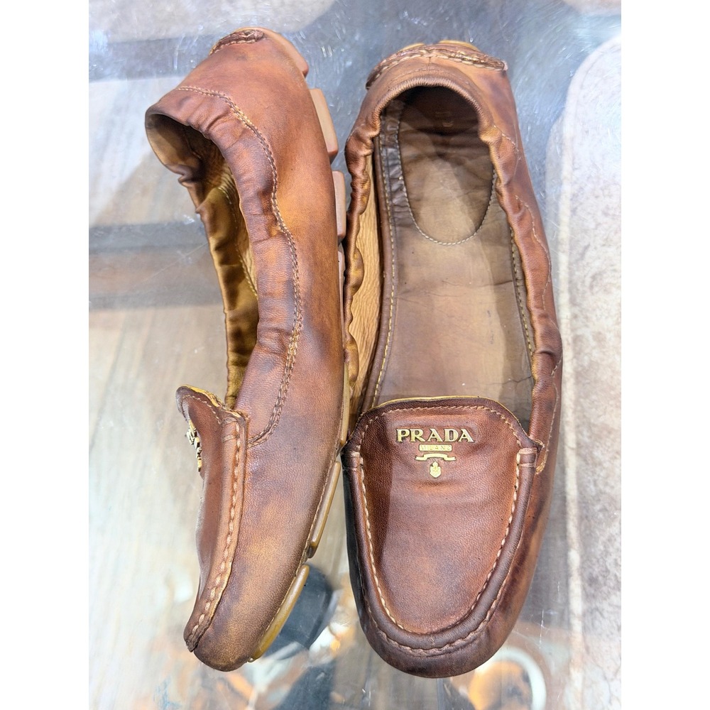 Prada Brown Leather Elastic Driving Loafers Gold Logo Flats 1DD030 Size 40 - Picture 5 of 8
